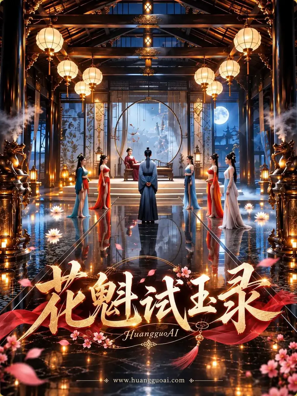 古装玄幻短剧封面，殿中群像与月夜布景