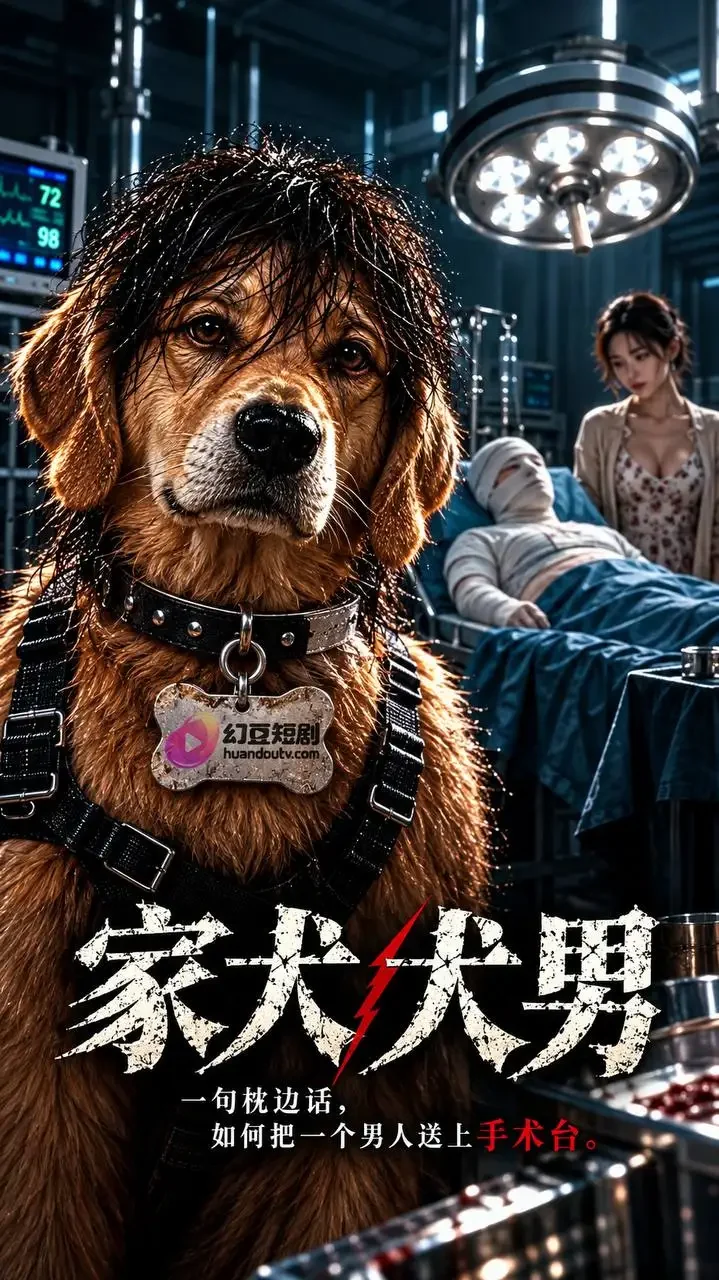 现代题材短剧封面，手术台前一只戴项圈的狗