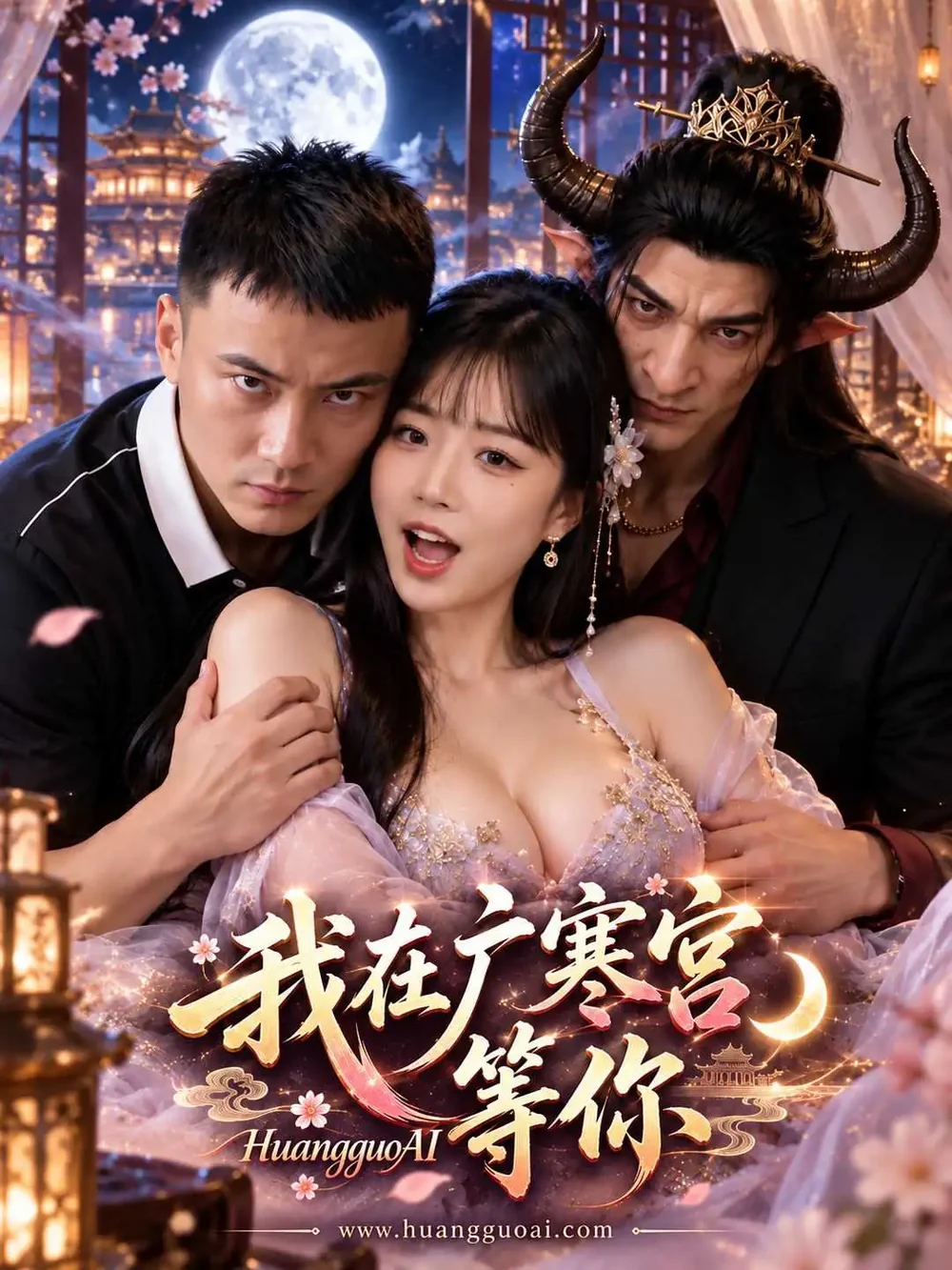 古装玄幻短剧封面，广寒宫月夜下的三人构图