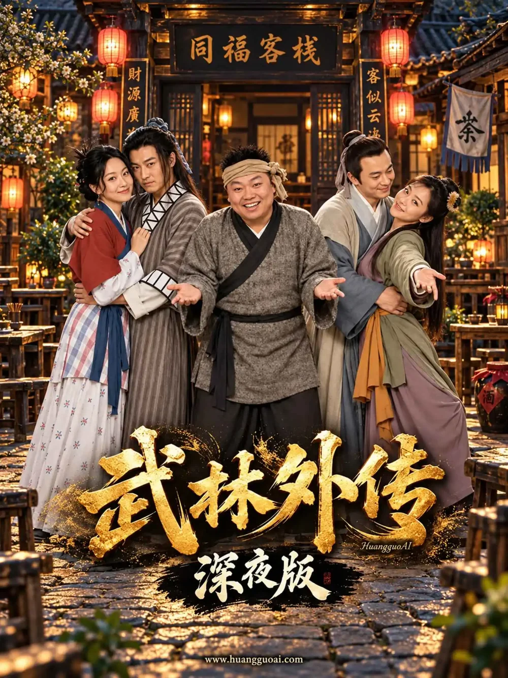 古装喜剧短剧封面，客栈门口几位人物同框
